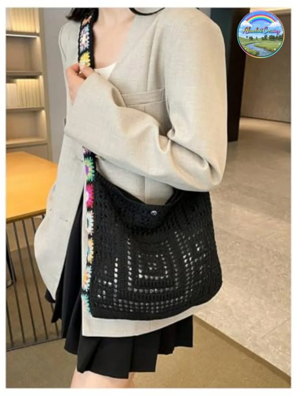 Boho Embroidery Crochet Knit Crossbody Tote Shoulder Bag Hollow Out Handbag